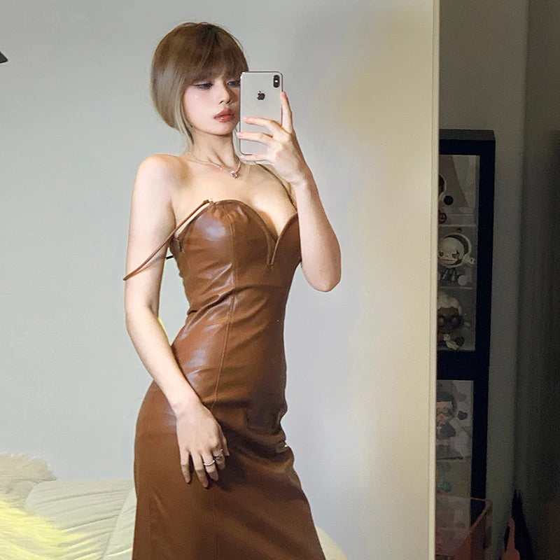 Sling Pu Faux Leather Sexy Slit Fit Long Dress Y2k Streetwear Party Club  Vacation Birthday Summer Women Clothing