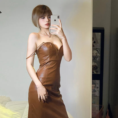 Sling Pu Faux Leather Sexy Slit Fit Long Dress Y2k Streetwear Party Club  Vacation Birthday Summer Women Clothing