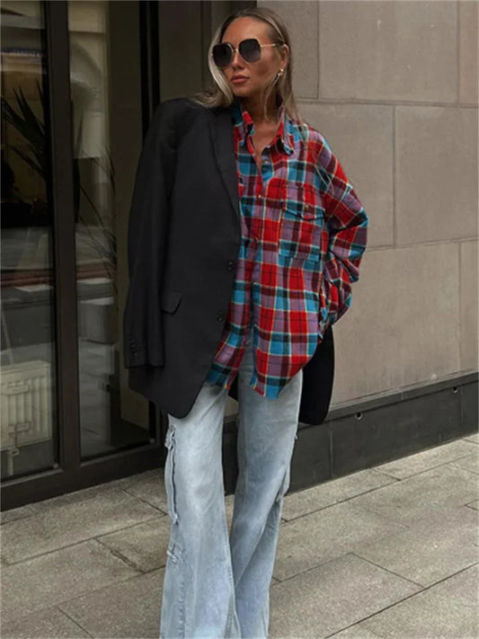 Patchwork Vintage Loose Shirts Female Casual Patchwork Pocket Long Sleeve Contrast Autumn  Outwear Women’s Shirts Tee