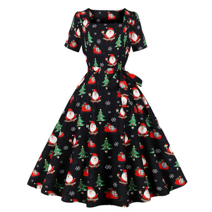 Trend Elegant Christmas Party Dresses Women Print Square Collar Short Sleeves Bowknot Leace-up A-line Dress Female New Vestidos