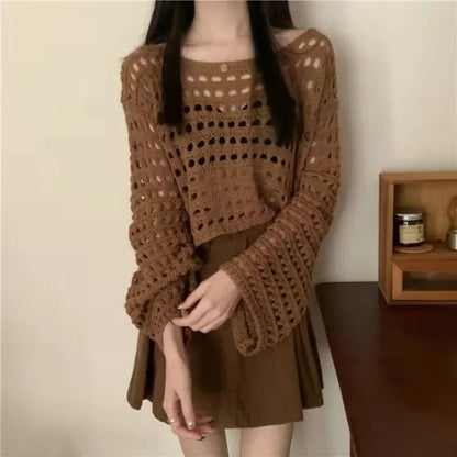 Vintage Hollow Out T-shirt Casual Knit Sweater Loose Y2K T-shirt Crewneck Thin Sweater Autumn Pullovers Fashion Streetwear