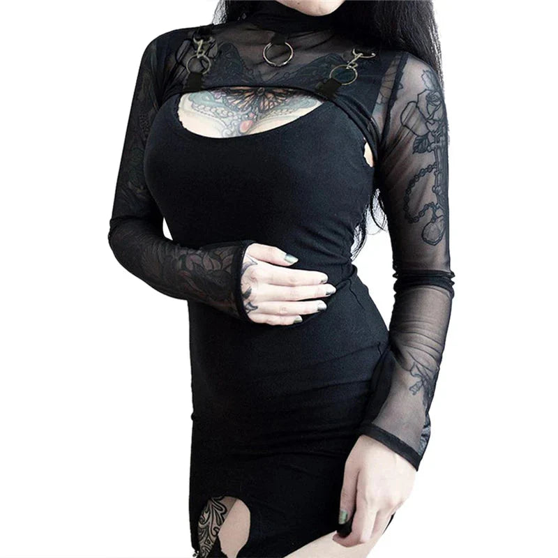 y2k Crop Top Gothic Clothing See Through High Neck Long Sleeve Mesh T Shirt Fairy Grunge Clothes 2000s Streetwear