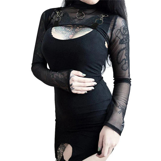 y2k Crop Top Gothic Clothing See Through High Neck Long Sleeve Mesh T Shirt Fairy Grunge Clothes 2000s Streetwear