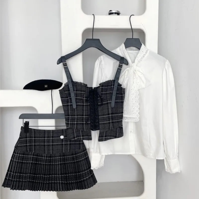 Autumn Korean Retro Sweet 3 Piece Set Women White Shirt + Strap Vest + Pleated Skirt Design College Style Fashion Y2k Suit