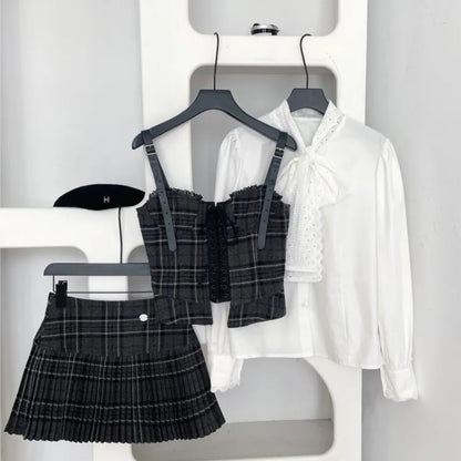 Autumn Korean Retro Sweet 3 Piece Set Women White Shirt + Strap Vest + Pleated Skirt Design College Style Fashion Y2k Suit