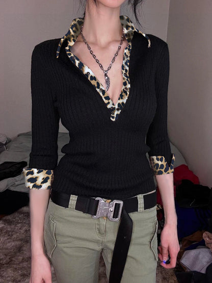 Leopard Up Turn Down Collar Button Long Sleeve Blouses Women s Autumn New Knitter Basic Chic Fashion Top Tees