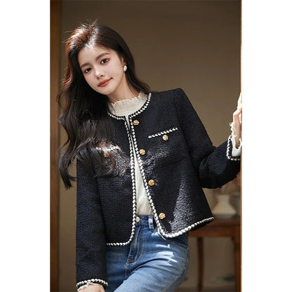Vintage Cropped Tweed Jacket Women Black Quilted Coat Elegant Blazer Winter Ladies Single Breasted Thicken Outerwear Tops