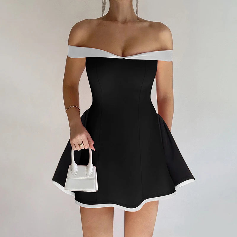 Sexy Tube Top Gown Dress For Women Slim Contrast Color Mini Dresses Elegant Backless One-Shoulder Clothes Female Chic