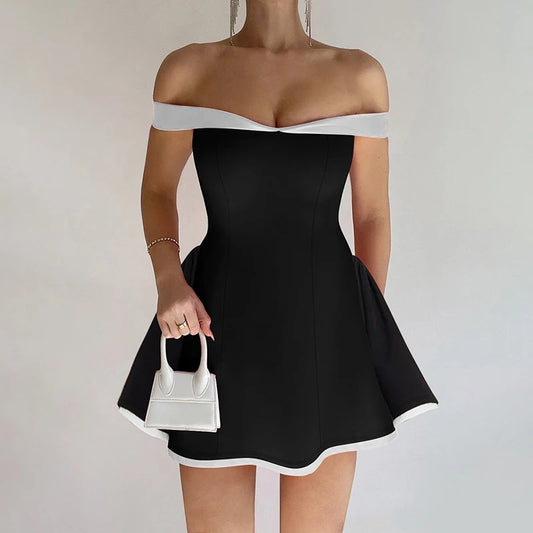 Sexy Tube Top Gown Dress For Women Slim Contrast Color Mini Dresses Elegant Backless One-Shoulder Clothes Female Chic