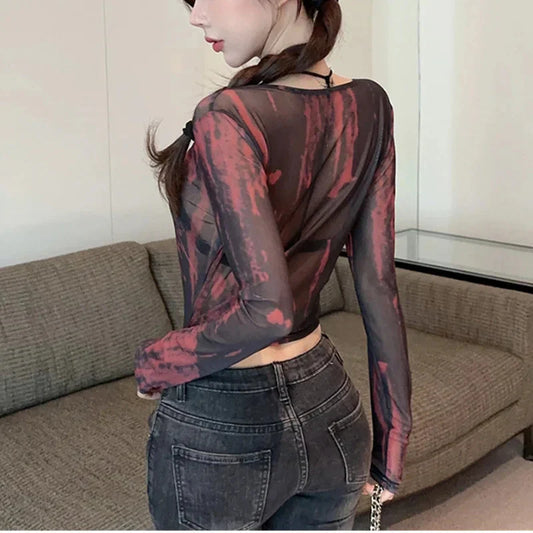 Grunge Crop Tops y2k Clothes Tie Dye Print Tie Front V Neck Long Sleeve Mesh T Shirts 2000s Clothing Streetwear