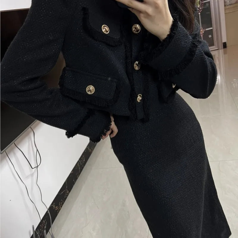 Korean Fashion Elegant Two-piece Skirt Sets Women Crop Jacket Coat Bodycon Midi Skirt Autumn Winter New Female Luxury Outfits
