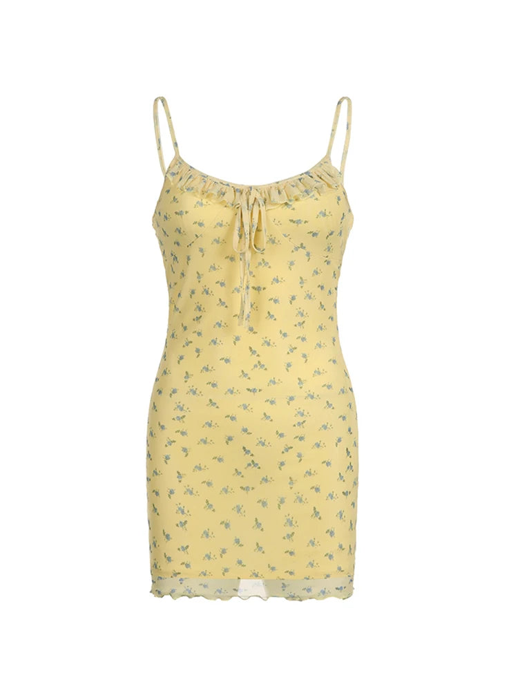 Ruffles Tie Floral Print Cute Y2K Summer Dress Women Sleeveless Two Layer Mesh Spaghetti Straps Dresses