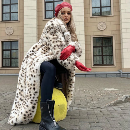 Exclusive Winter  Long Belted Leopard Faux Fox Fur Coat Women Overcoats Ladies Stylish Street Fashion Fluffy Fox Fur Jacket