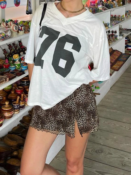 Digital Print Casual Loose White T Shirts For Women V Neck Short Sleeve Preppy Streetwear Summer Top Tees Football Jersey