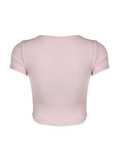 Balletcore Sweet Y2K Tie Lace Trim Square Collar Pink T-Shirt Women Short Sleeve 2000s Cute Kawaii Clothes