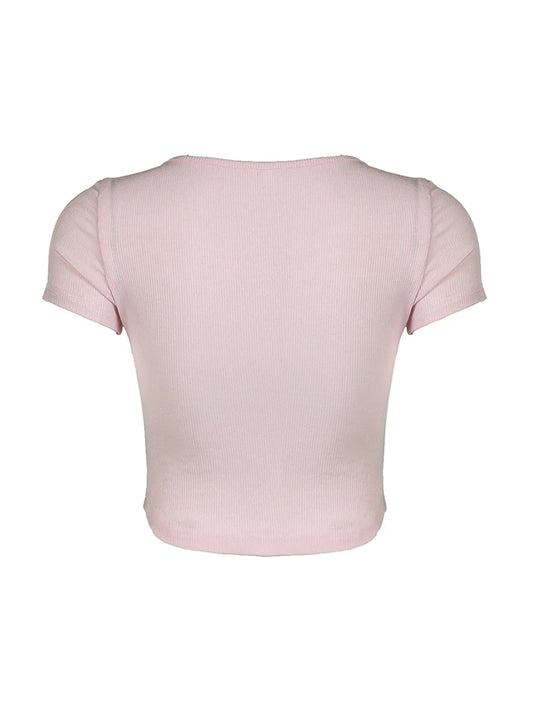 Balletcore Sweet Y2K Tie Lace Trim Square Collar Pink T-Shirt Women Short Sleeve 2000s Cute Kawaii Clothes