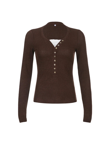 Contrast Lace Patchwork Ribbed Slim Basic Long Sleeve T Shirt Women Brown American Retro Spring Autumn Button Tees
