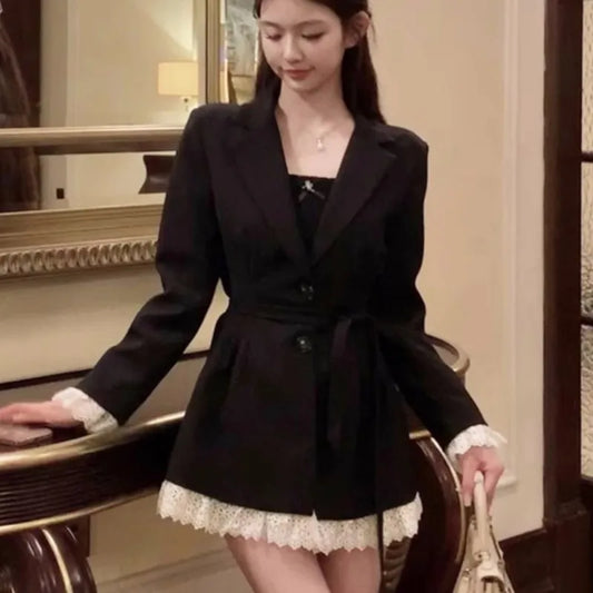 Elegant Black Suit Dress Women Lace Patchwork Blazer Dress Turn-down Collar Slim Korean Fashion Y2K Autumn New Mini Vestidos