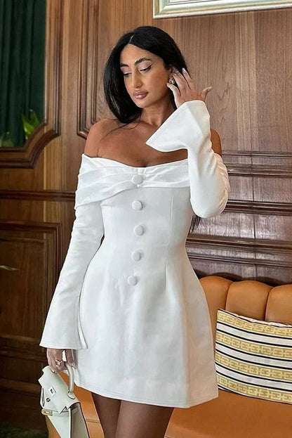Off-Shoulder Strapless Mini Dress with Flare Sleeves