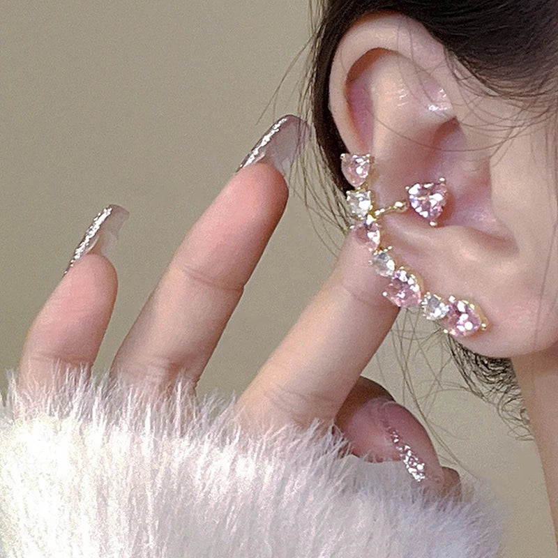 Pink Heart Zircon Ear Clips for Women Asymmetric Fashion Jewelry Gift