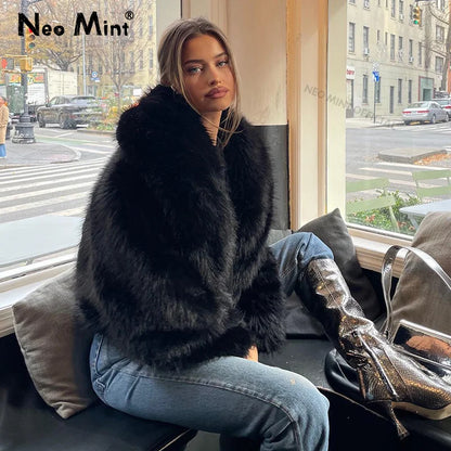 Street Fashion Shawl Collar Faux Fox Fur Coat Women  Winter Cool Girls Black Short Fur Jacket Vintage Chic Overcoat