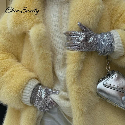 Fashion Faux Fur Jacket Coat Women Warm Fluffy Loose Long Sleeve Lapel Female Overcoat  Winter Yellow Lady Street Outwear