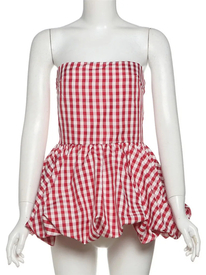 Spring Summer Plaid Tops for Women Streetwear Strapless Off Shoulder Backless Ruched Red T-shirt Girls Sleeveless Tees Top