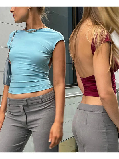 Short Sleeve Backless Tops Women Multi Ways Wear 2025 Skinny Basic Summer Slim Cropped Cut Out Sexy T Shirt Crop Top