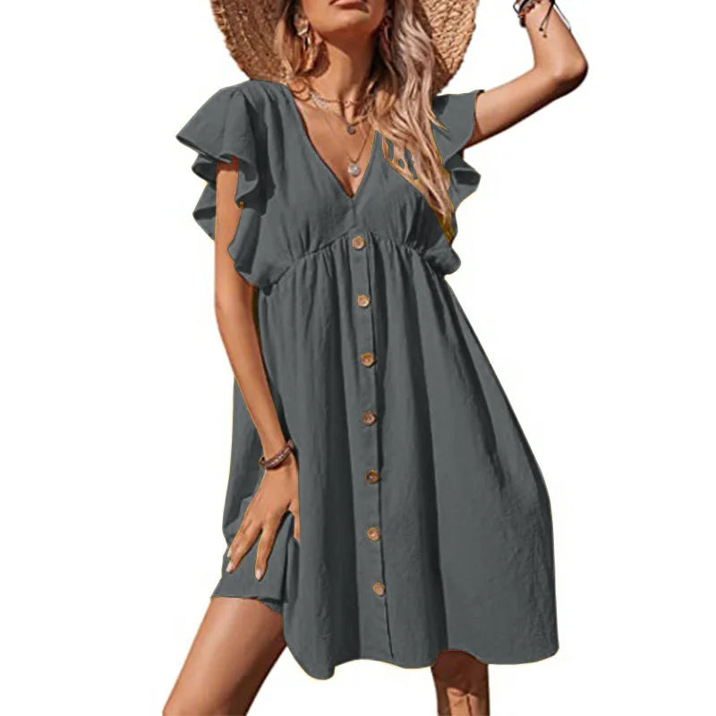Short Sleeve Black Ruffle Dresses Women 2025 V-Neck Loose High Waist Sexy Dress for Summer Fashion Female Bohemian Sundress