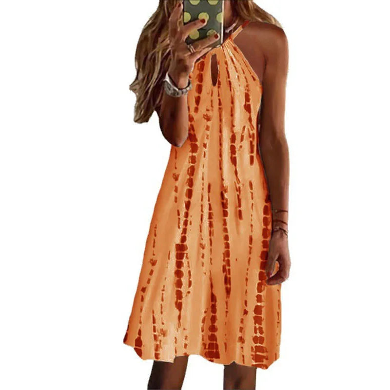 Simple Print Halter Neck Mini Dresses Women Fashion Casual Hollow Out Backless Sleeveless Dress Lady Commuting Short Vestidos