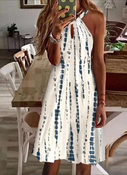 Simple Print Halter Neck Mini Dresses Women Fashion Casual Hollow Out Backless Sleeveless Dress Lady Commuting Short Vestidos
