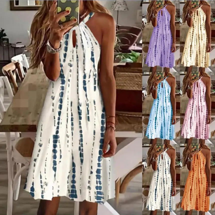 Simple Print Halter Neck Mini Dresses Women Fashion Casual Hollow Out Backless Sleeveless Dress Lady Commuting Short Vestidos