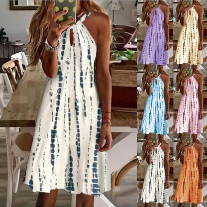 Simple Print Halter Neck Mini Dresses Women Fashion Casual Hollow Out Backless Sleeveless Dress Lady Commuting Short Vestidos