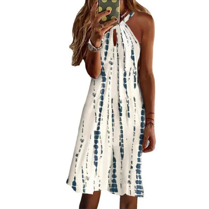 Simple Print Halter Neck Mini Dresses Women Fashion Casual Hollow Out Backless Sleeveless Dress Lady Commuting Short Vestidos