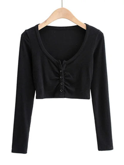 Slim V-neck Long Sleeve Bottomed Womens Tops And Blouses High Street Solid Color Open Navel Cardigan