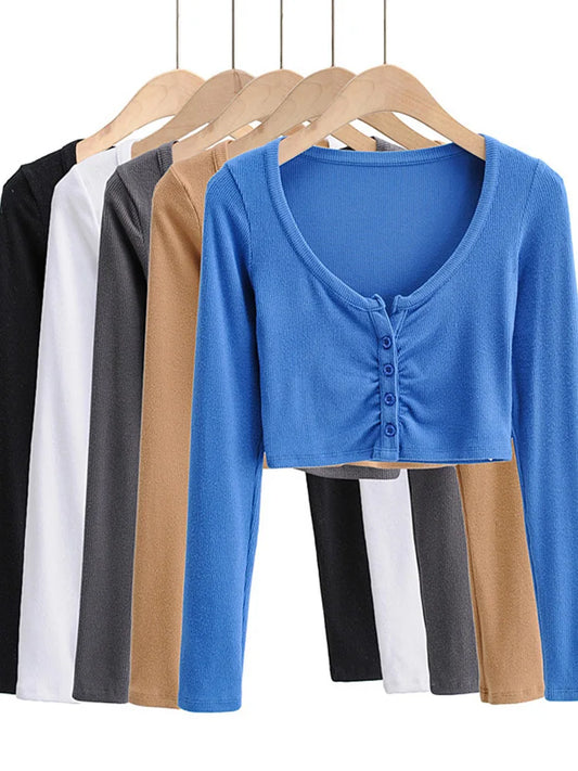 Slim V-neck Long Sleeve Bottomed Womens Tops And Blouses High Street Solid Color Open Navel Cardigan