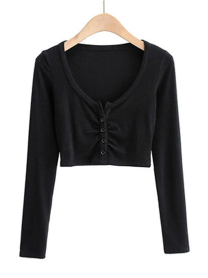 Slim V-neck Long Sleeve Bottomed Womens Tops And Blouses High Street Solid Color Open Navel Cardigan