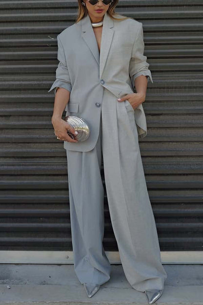 Girl Boss Avant-garde Contrast Colors Lapel Boyfriend Blazer and Pocketed Wide Leg Pants Set