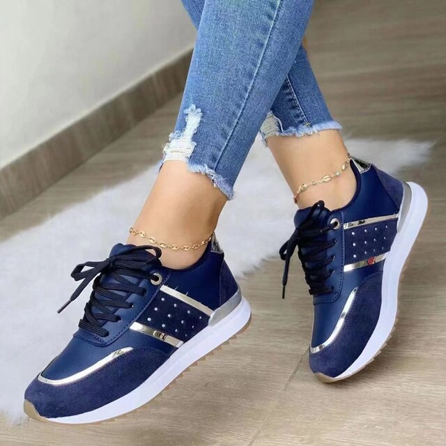 Elegantes zapatillas con cordones y bloques de color para mujer con detalles dorados y plateados | Ideales para cualquier temporada
