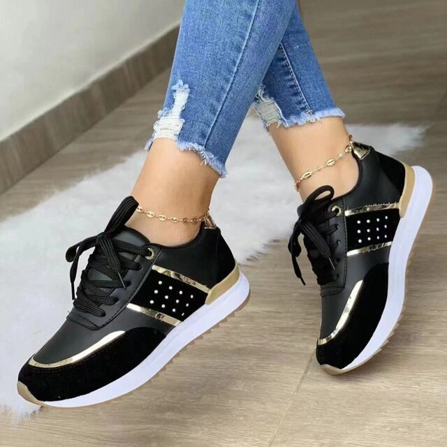 Elegantes zapatillas con cordones y bloques de color para mujer con detalles dorados y plateados | Ideales para cualquier temporada