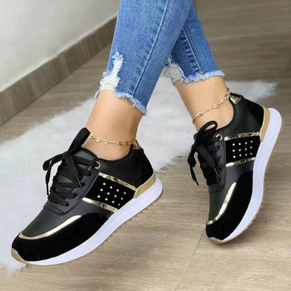 Elegantes zapatillas con cordones y bloques de color para mujer con detalles dorados y plateados | Ideales para cualquier temporada