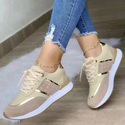 Elegantes zapatillas con cordones y bloques de color para mujer con detalles dorados y plateados | Ideales para cualquier temporada