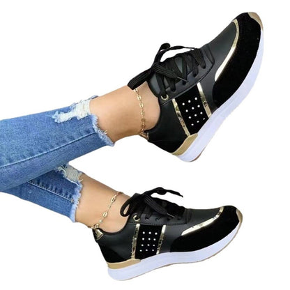 Elegantes zapatillas con cordones y bloques de color para mujer con detalles dorados y plateados | Ideales para cualquier temporada