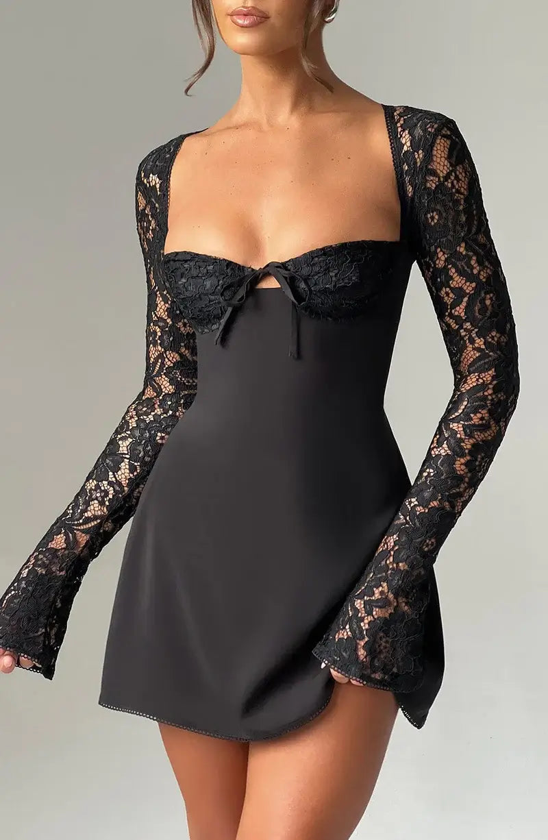 Minivestido informal de mujer con encaje y lazo | Ideal para primavera/verano