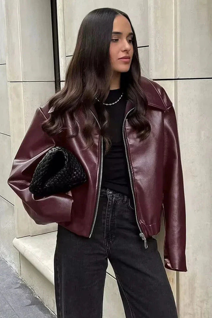 Chaqueta de motociclista de cuero con solapa elegante 