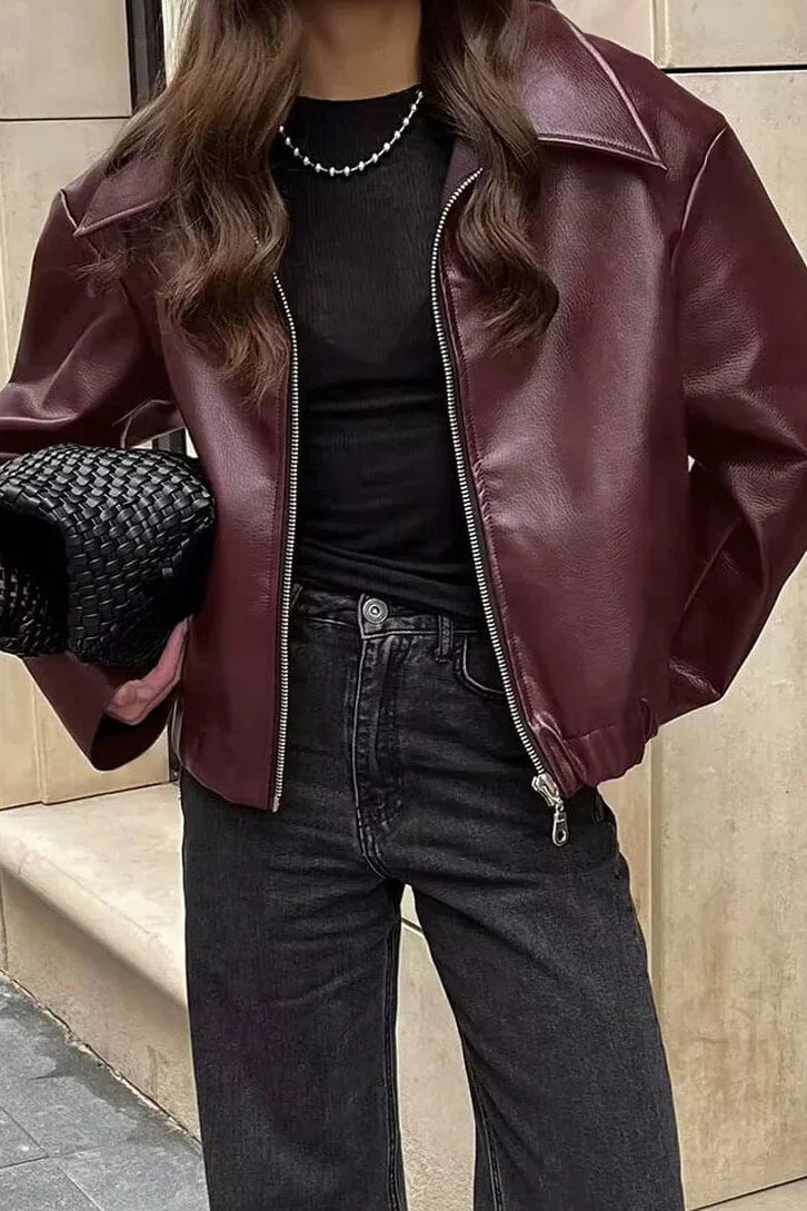 Chaqueta de motociclista de cuero con solapa elegante 