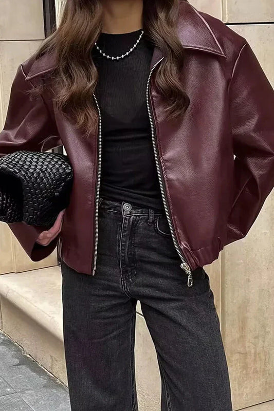 Chaqueta de motociclista de cuero con solapa elegante 