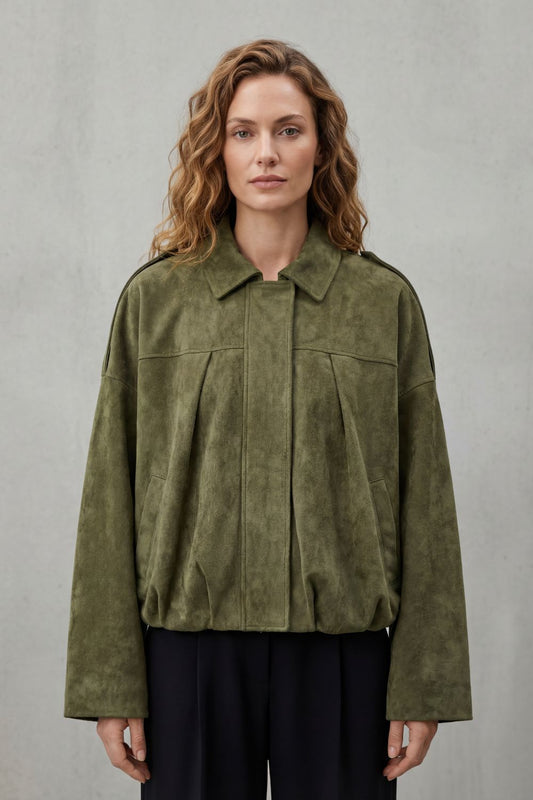 Solenné Suede Pleated Oversized Bomber Jacket