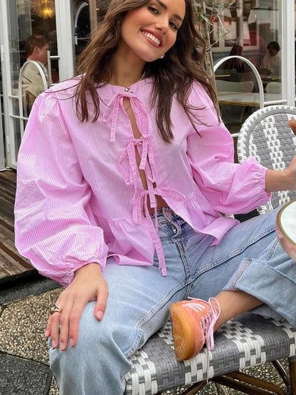 Casual Lace Up O-neck Ruffled Hem 2025 Spring Summer Bow Puff Sleeves Female Office Shirt Blouse