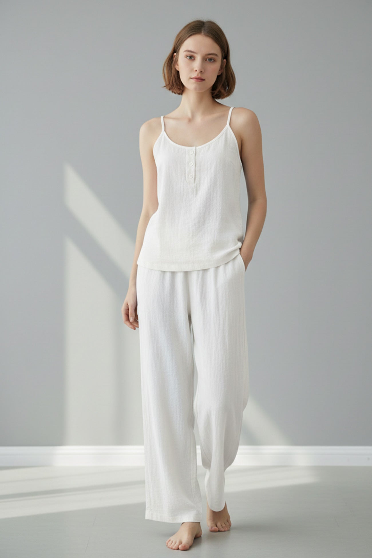 Solid Color Cotton Spaghetti Straps Long Pants Set